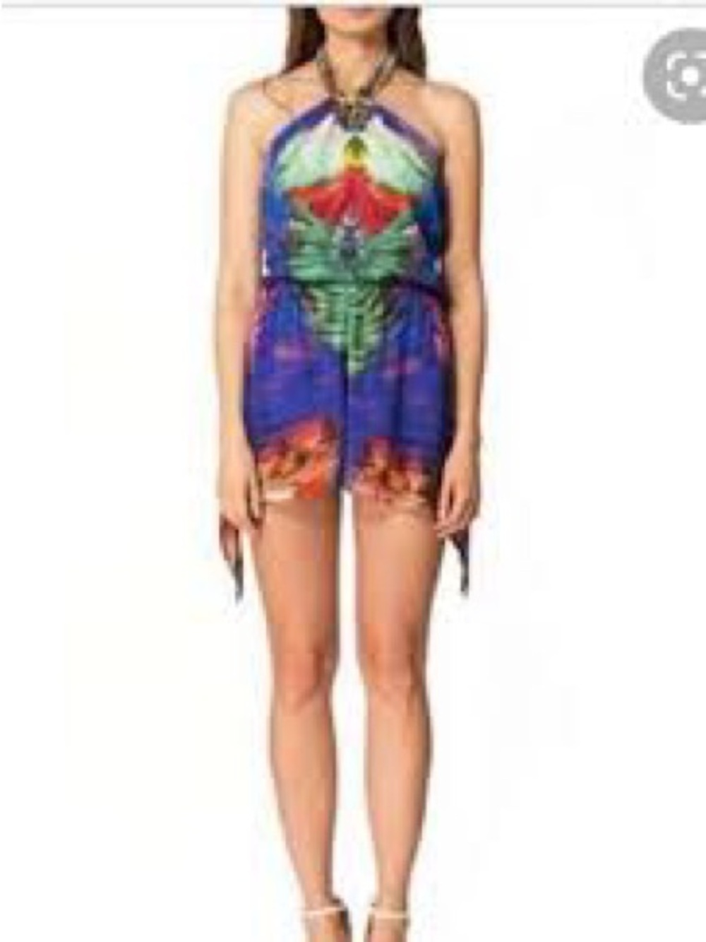Camilla Multicolor Halter Backless 100% Silk Romper with Swarovski Crystals